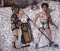 Retiarius szigonnyal, manica-val és galerusszal
